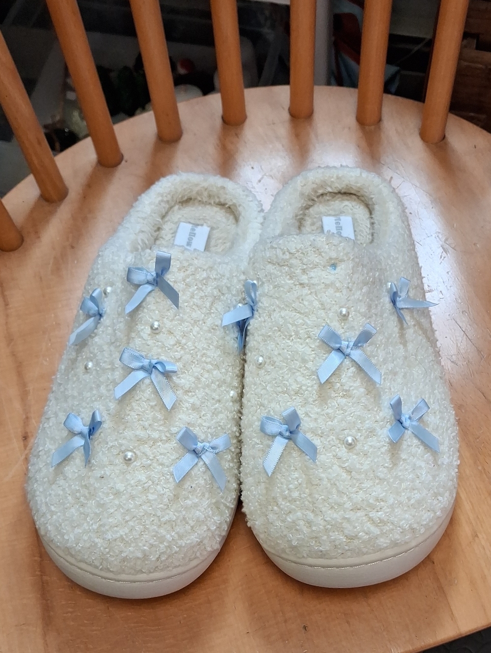 Ivory Mellow And Mod Slip-On Slippers with Light Blue Ribbons